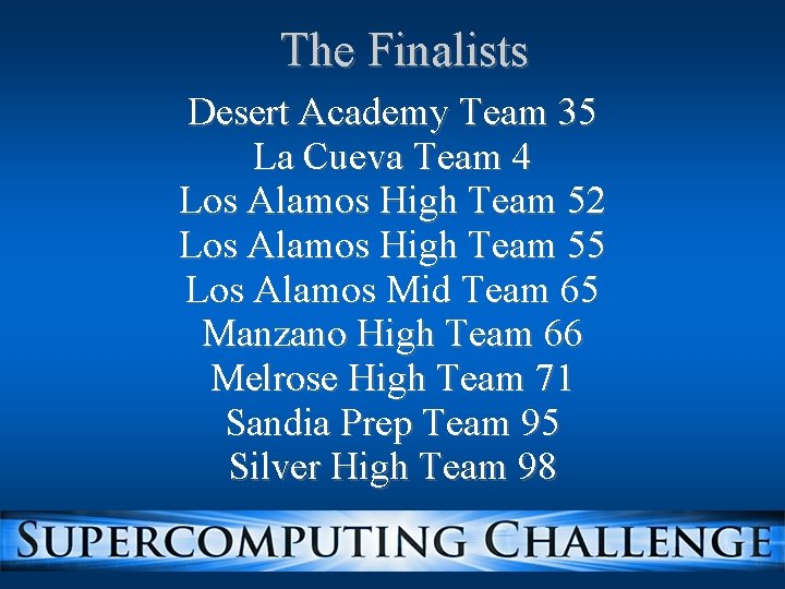 The Finalists Desert Academy Team 35 La Cueva Team 4 Los Alamos High Team The Finalists Desert Academy Team 35 La Cueva Team 4 Los Alamos High Team