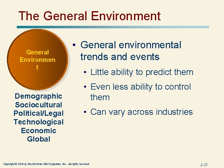 The General Environment General Environmen t Demographic Sociocultural Political/Legal Technological Economic Global • General