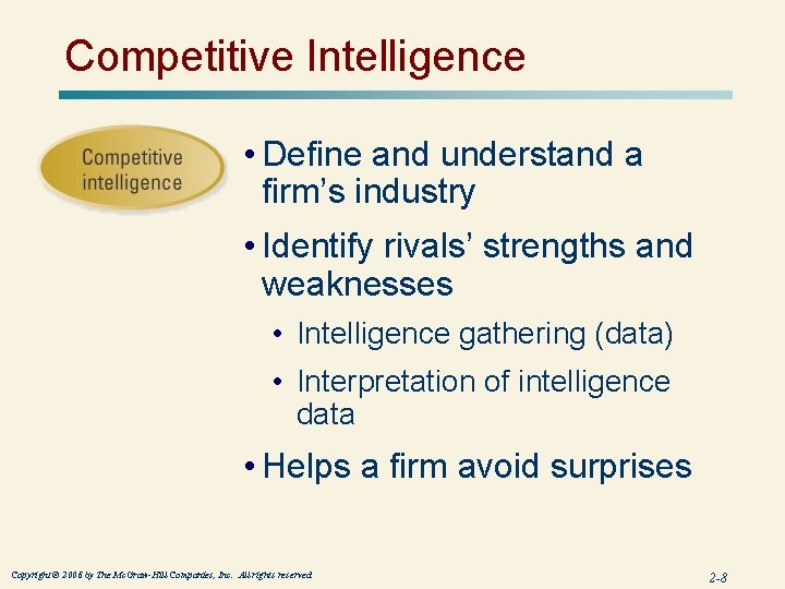 Competitive Intelligence • Define and understand a firm’s industry • Identify rivals’ strengths and