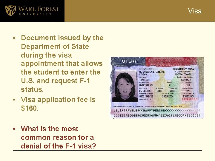 Visa • Document issued by the Department of State during the visa appointment that