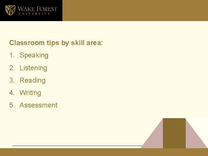 Classroom tips by skill area: 1. Speaking 2. Listening 3. Reading 4. Writing 5.