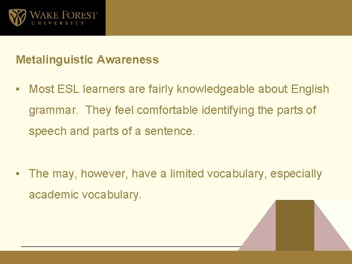 Metalinguistic Awareness • Most ESL learners are fairly knowledgeable about English grammar. They feel