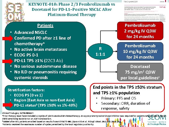 KEYNOTE-010: Phase 2/3 Pembrolizumab vs Docetaxel for PD-L 1–Positive NSCLC After Platinum-Based Therapy •