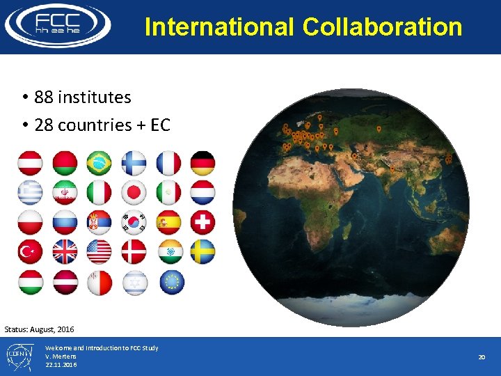 International Collaboration • 88 institutes • 28 countries + EC Status: August, 2016 Welcome