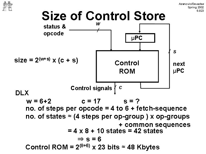 Size of Control Store status & opcode Asanovic/Devadas Spring 2002 6. 823 μPC size