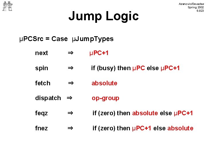 Jump Logic Asanovic/Devadas Spring 2002 6. 823 μPCSrc = Case μJump. Types next ⇒