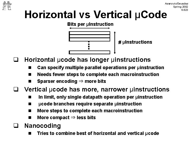 Asanovic/Devadas Spring 2002 6. 823 Horizontal vs Vertical μCode Bits per μInstructions q Horizontal