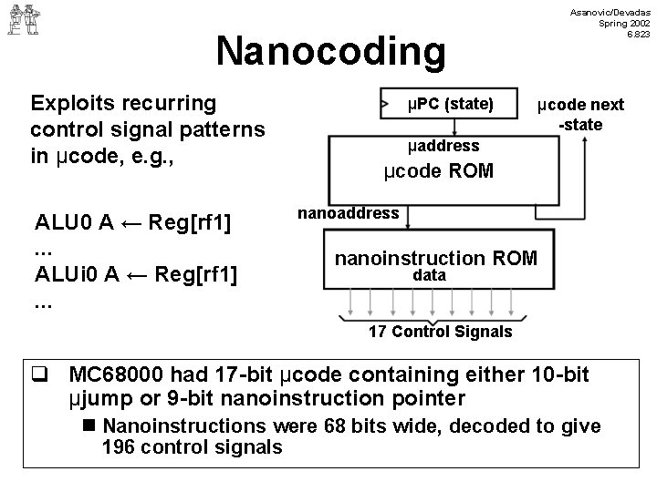 Asanovic/Devadas Spring 2002 6. 823 Nanocoding Exploits recurring control signal patterns in μcode, e.