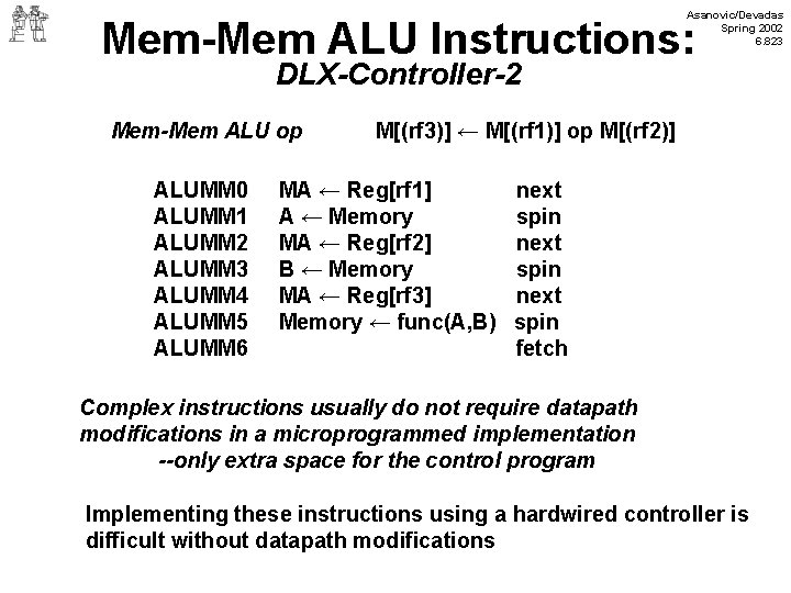 Asanovic/Devadas Spring 2002 6. 823 Mem-Mem ALU Instructions: DLX-Controller-2 Mem-Mem ALU op ALUMM 0