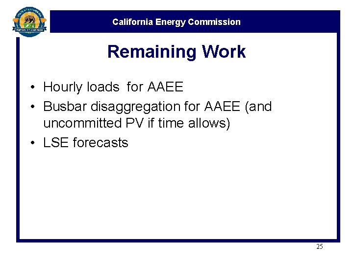 California Energy Commission Remaining Work • Hourly loads for AAEE • Busbar disaggregation for