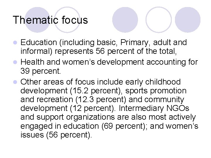 Thematic focus Education (including basic, Primary, adult and informal) represents 56 percent of the