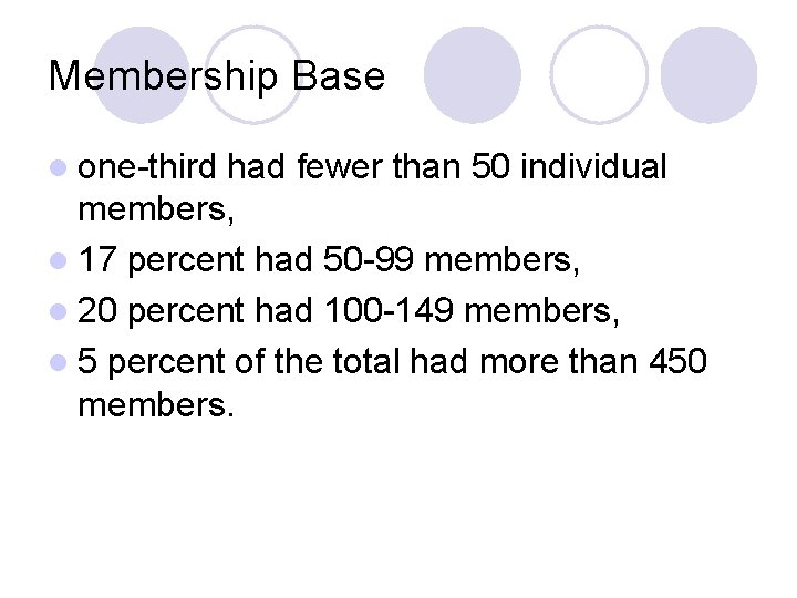 Membership Base l one-third had fewer than 50 individual members, l 17 percent had Membership Base l one-third had fewer than 50 individual members, l 17 percent had