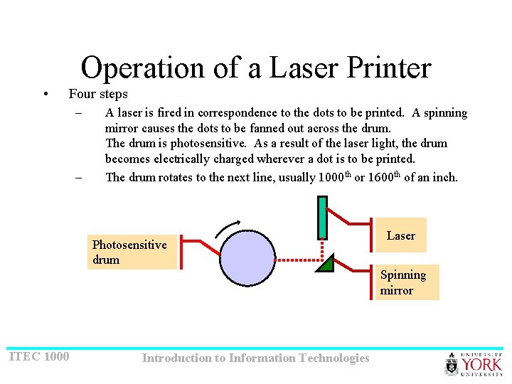 Operation of a Laser Printer • Four steps – – A laser is fired