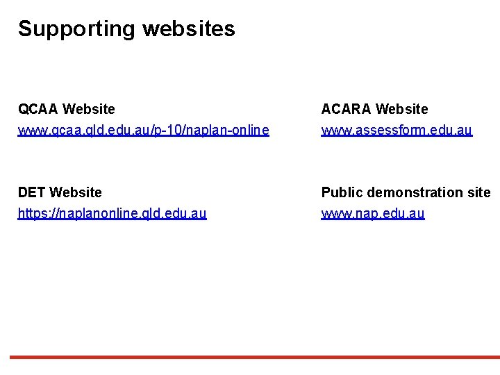 Supporting websites QCAA Website www. qcaa. qld. edu. au/p-10/naplan-online ACARA Website www. assessform. edu. Supporting websites QCAA Website www. qcaa. qld. edu. au/p-10/naplan-online ACARA Website www. assessform. edu.