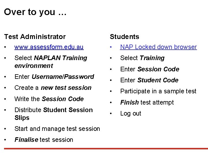 Over to you … Test Administrator Students • www. assessform. edu. au • NAP Over to you … Test Administrator Students • www. assessform. edu. au • NAP