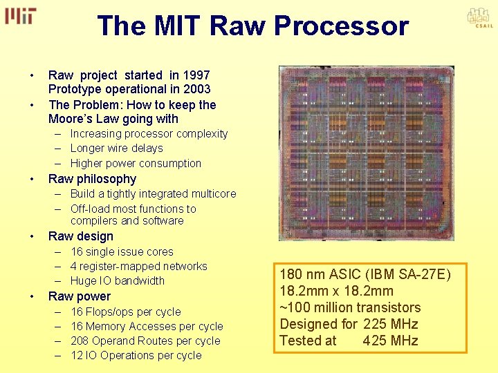 The MIT Raw Processor • • Raw project started in 1997 Prototype operational in