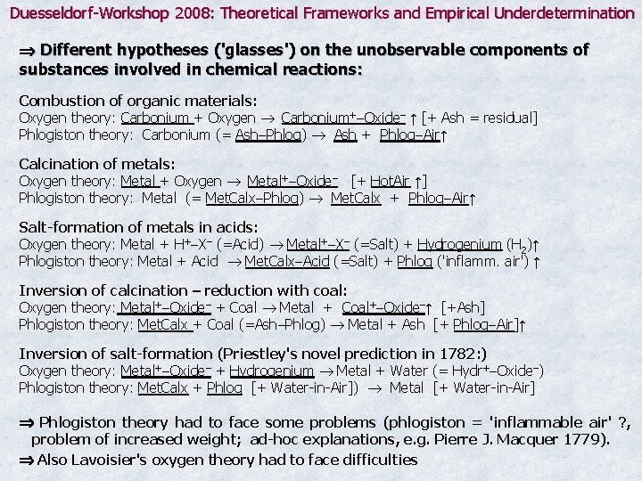 Duesseldorf-Workshop 2008: Theoretical Frameworks and Empirical Underdetermination Different hypotheses ('glasses') on the unobservable components