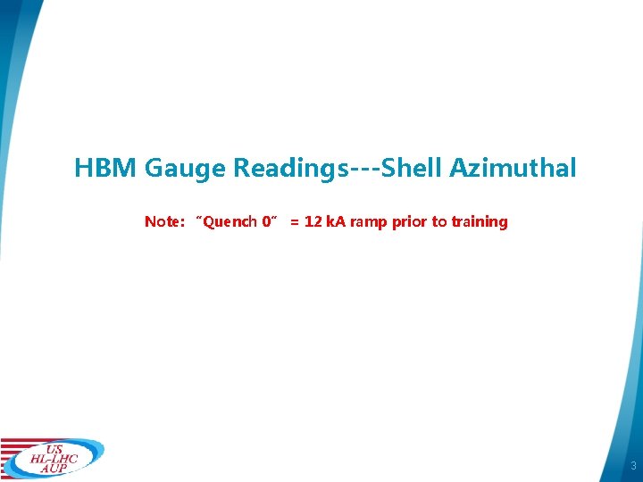 HBM Gauge Readings---Shell Azimuthal Note: “Quench 0” = 12 k. A ramp prior to