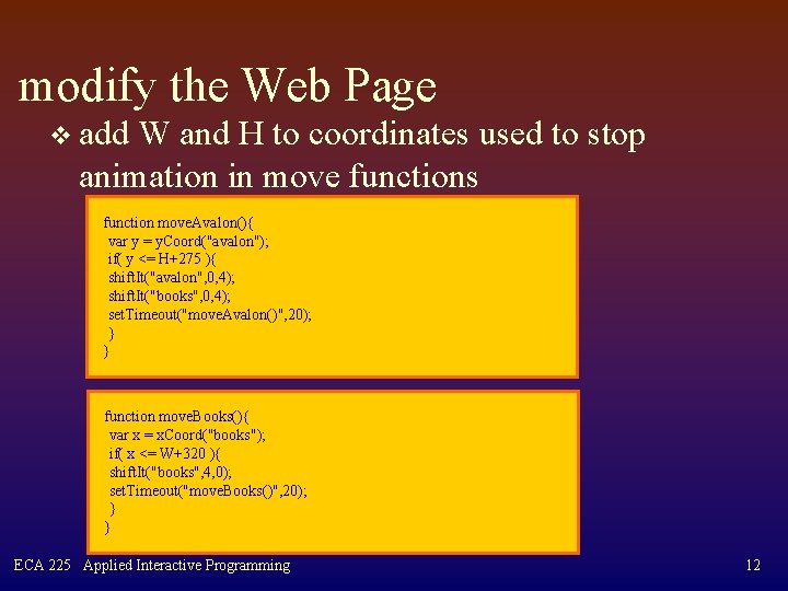 modify the Web Page v add W and H to coordinates used to stop