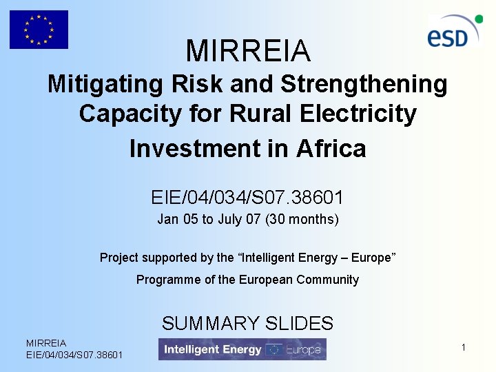 MIRREIA Mitigating Risk and Strengthening Capacity for Rural Electricity Investment in Africa EIE/04/034/S 07.
