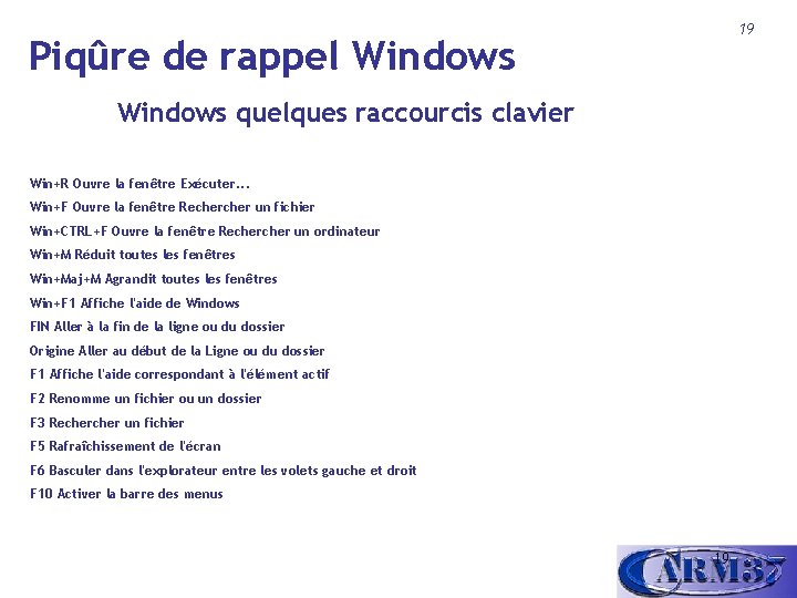 19 Piqûre de rappel Windows quelques raccourcis clavier Win+R Ouvre la fenêtre Exécuter. .