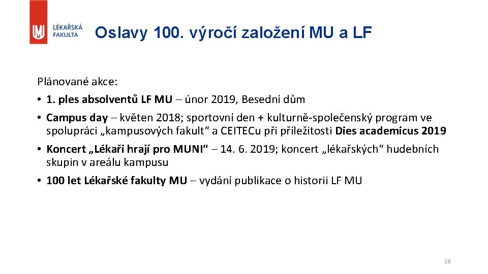 Oslavy 100. výročí založení MU a LF Plánované akce: • 1. ples absolventů LF