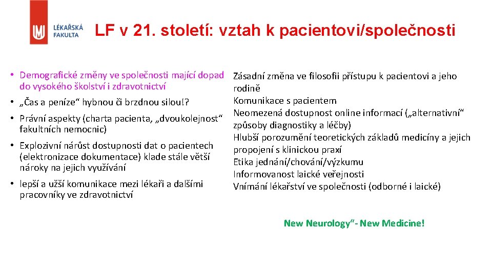 LF v 21. století: vztah k pacientovi/společnosti • Demografické změny ve společnosti mající dopad