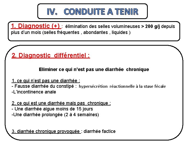 IV. CONDUITE A TENIR 1. Diagnostic (+) : élimination des selles volumineuses > 200