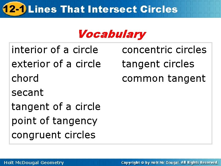 12 -1 Lines That Intersect Circles Vocabulary interior of a circle exterior of a