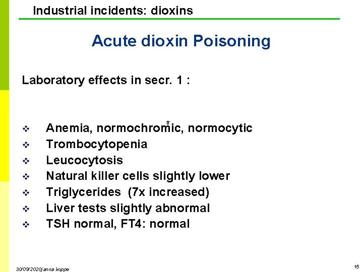 Industrial incidents: dioxins Acute dioxin Poisoning Laboratory effects in secr. 1 : v v