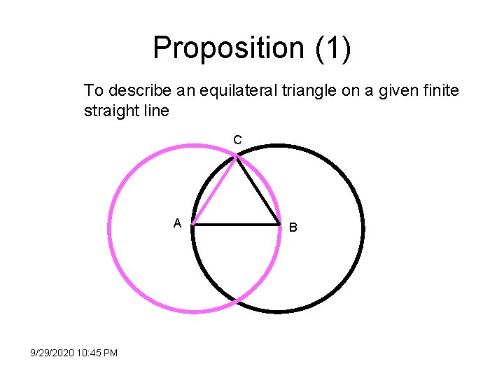 Proposition (1) To describe an equilateral triangle on a given finite straight line C