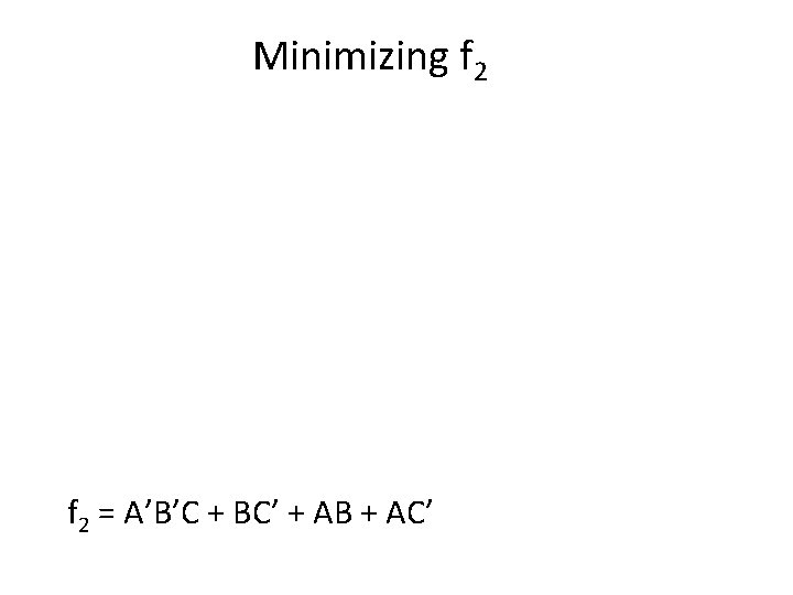 Minimizing f 2 = A’B’C + BC’ + AB + AC’ 