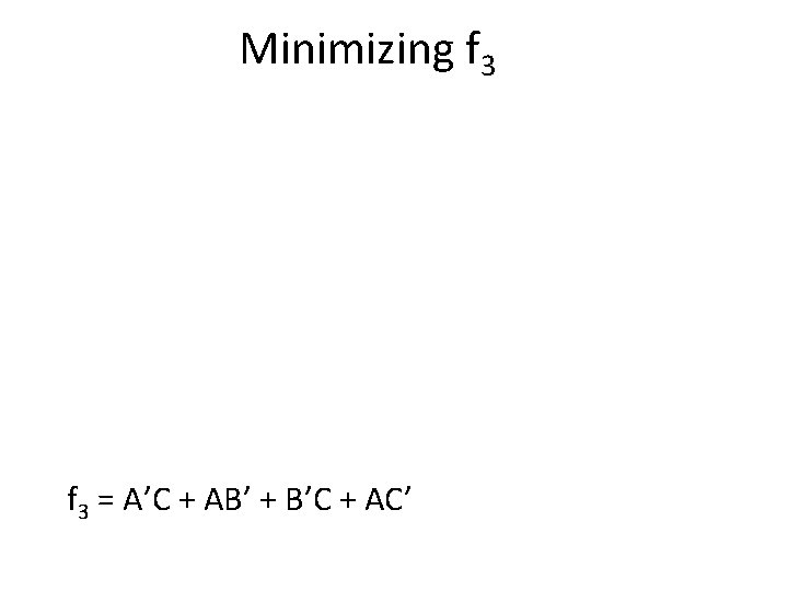 Minimizing f 3 = A’C + AB’ + B’C + AC’ 