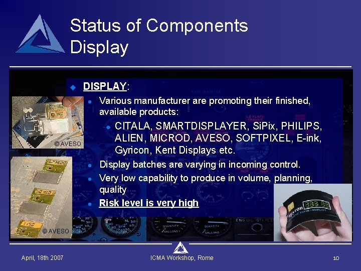 Status of Components Display u DISPLAY: l Various manufacturer are promoting their finished, available