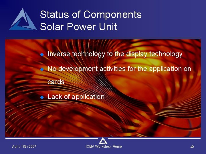 Status of Components Solar Power Unit u Inverse technology to the display technology u