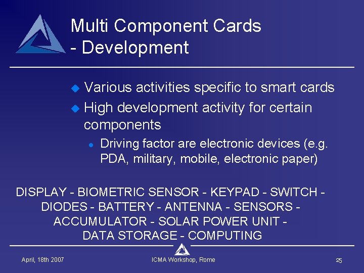 Multi Component Cards - Development u u Various activities specific to smart cards High