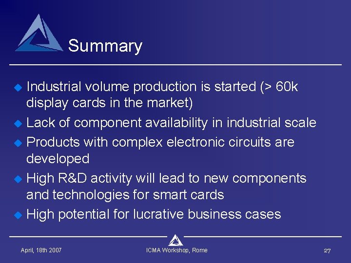 Summary u u u Industrial volume production is started (> 60 k display cards