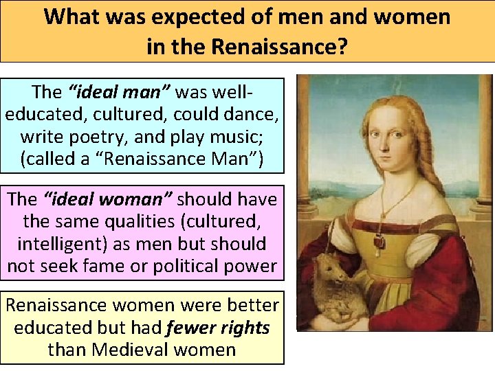 What was expected of men and women in the Renaissance? The “ideal man” was