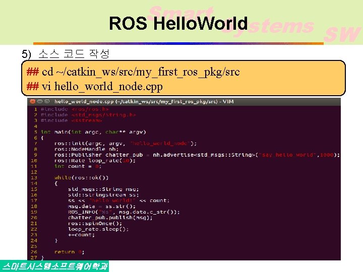 Smart ROS Hello. World Systems SW 5) 소스 코드 작성 ## cd ~/catkin_ws/src/my_first_ros_pkg/src ##