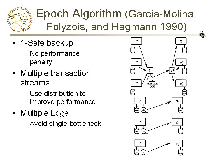 Epoch Algorithm (Garcia-Molina, Polyzois, and Hagmann 1990) • 1 -Safe backup – No performance
