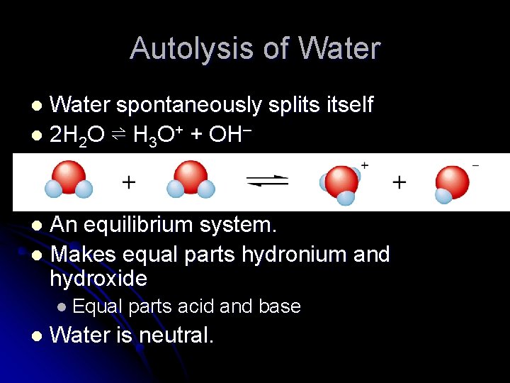 Autolysis of Water spontaneously splits itself l 2 H 2 O ⇌ H 3