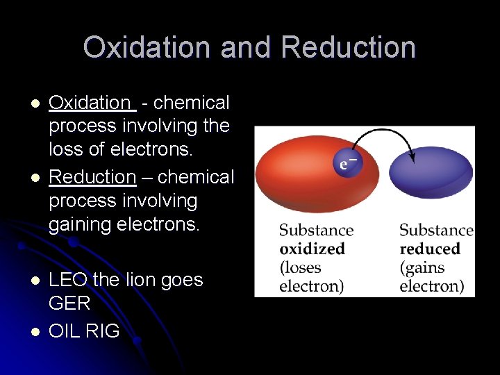 Oxidation and Reduction l l Oxidation - chemical process involving the loss of electrons.