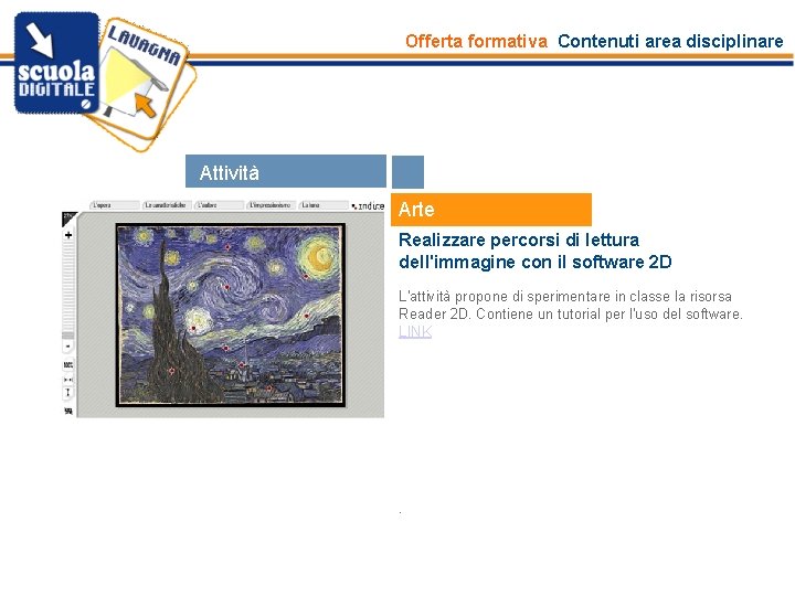 Offerta formativa Contenuti area disciplinare Attività Risorse Arte Realizzare percorsi di lettura dell'immagine con