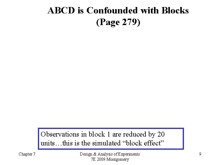 ABCD is Confounded with Blocks (Page 279) Observations in block 1 are reduced by