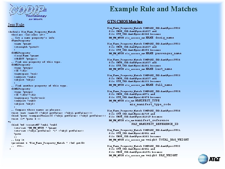 Example Rule and Matches Jess Rule (defrule Sim_Name_Property_Match (declare (salience 10)) ; ; Get