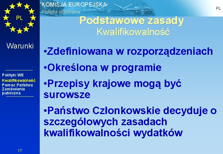 KOMISJA EUROPEJSKA Polityka regionalna PL PL Podstawowe zasady Kwalifikowalność Warunki Polityki WE Kwalifikowalność Pomoc