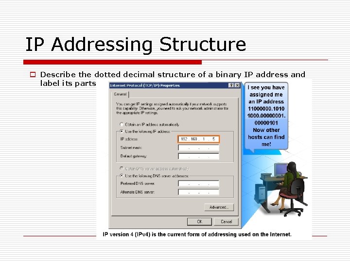 IP Addressing Structure o Describe the dotted decimal structure of a binary IP address IP Addressing Structure o Describe the dotted decimal structure of a binary IP address
