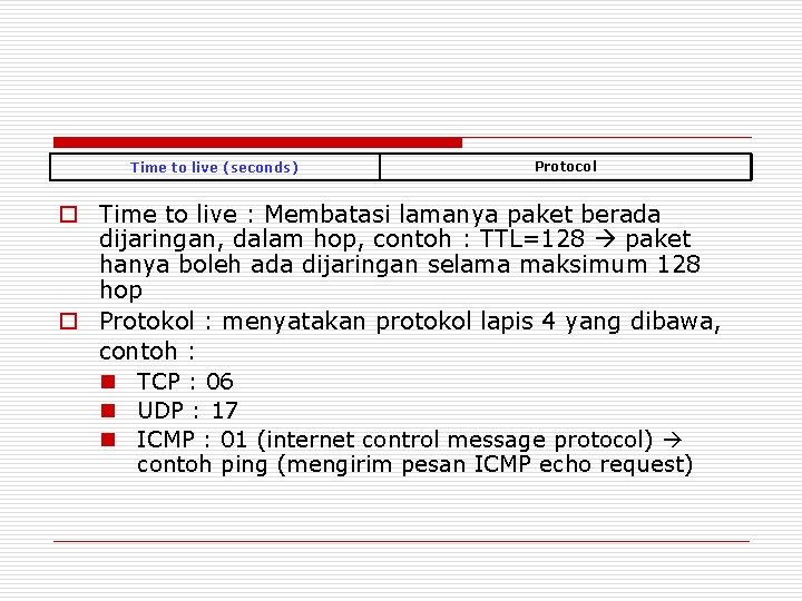 Time to live (seconds) Protocol o Time to live : Membatasi lamanya paket berada Time to live (seconds) Protocol o Time to live : Membatasi lamanya paket berada