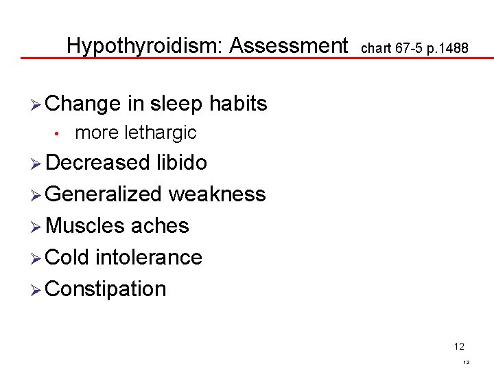 Hypothyroidism: Assessment Ø Change • chart 67 -5 p. 1488 in sleep habits more