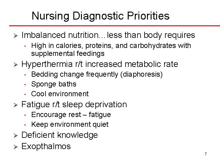 Nursing Diagnostic Priorities Ø Imbalanced nutrition…less than body requires • Ø Hyperthermia r/t increased